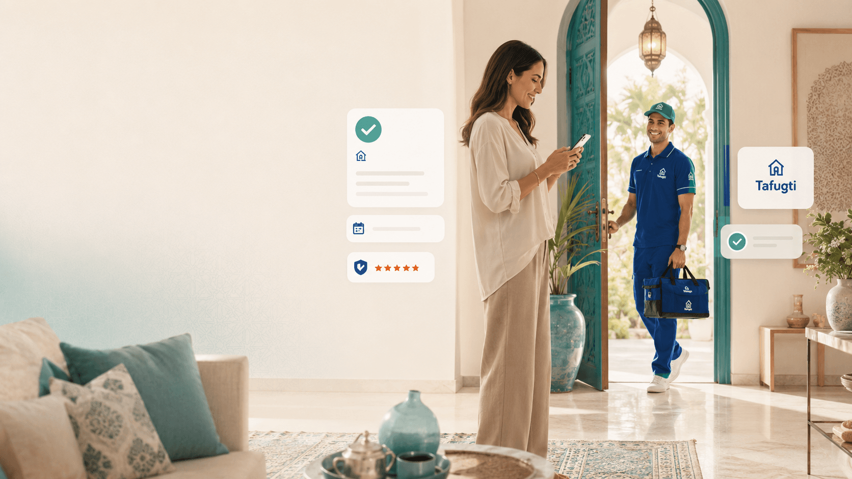 عميلة تستقبل مقدم خدمة منزلية